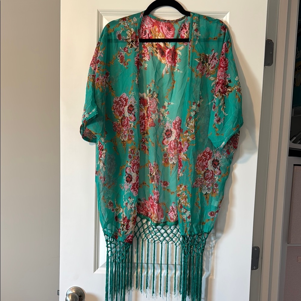 Floral Teal Beach Cover Up with Fringe